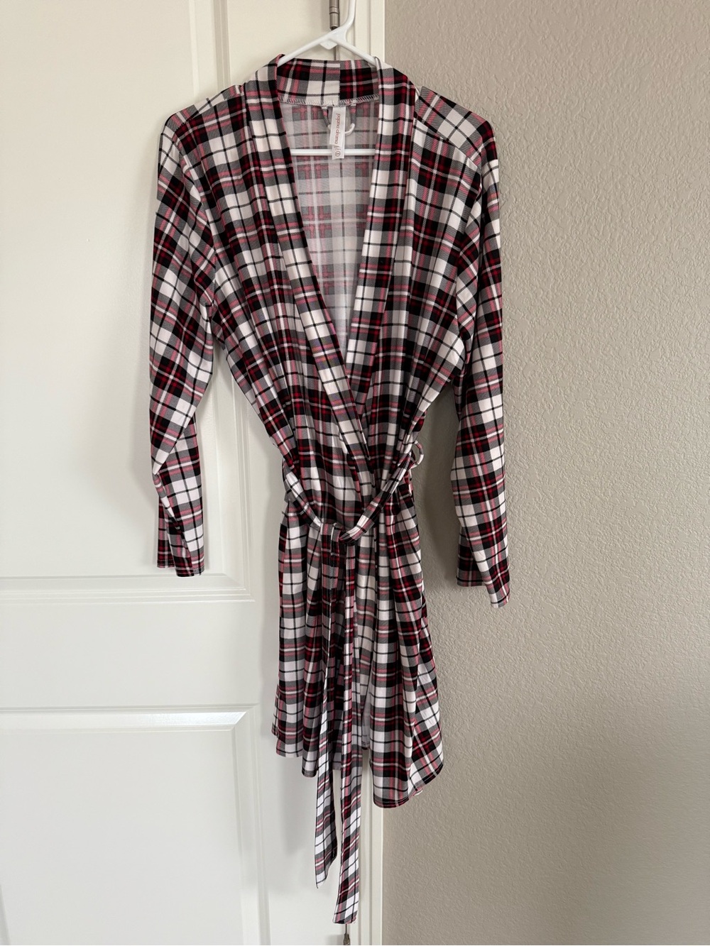 Plaid Wrap Robe - White & Burgundy - Women Intimates & Sleepwear